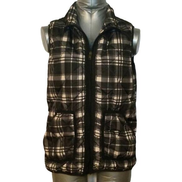 Fresh Plaid Puffer Vest Black Size Medium Zip Up - Picture 1 of 6